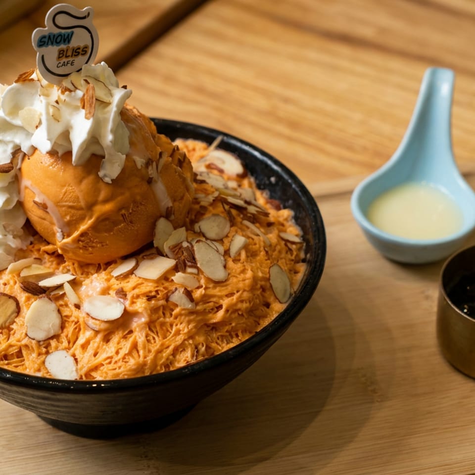 Orange shaved ice dessert topped with whipped cream, almond slices, and ice cream, served with milk and berry syrup at Snow Bliss Cafe.