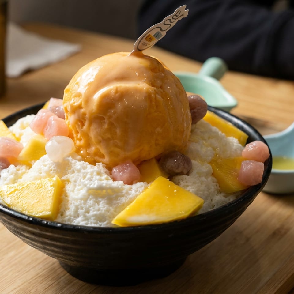 Black bowl of shaved ice topped with mango, fruit pieces, and a scoop of orange ice cream on a wooden table.