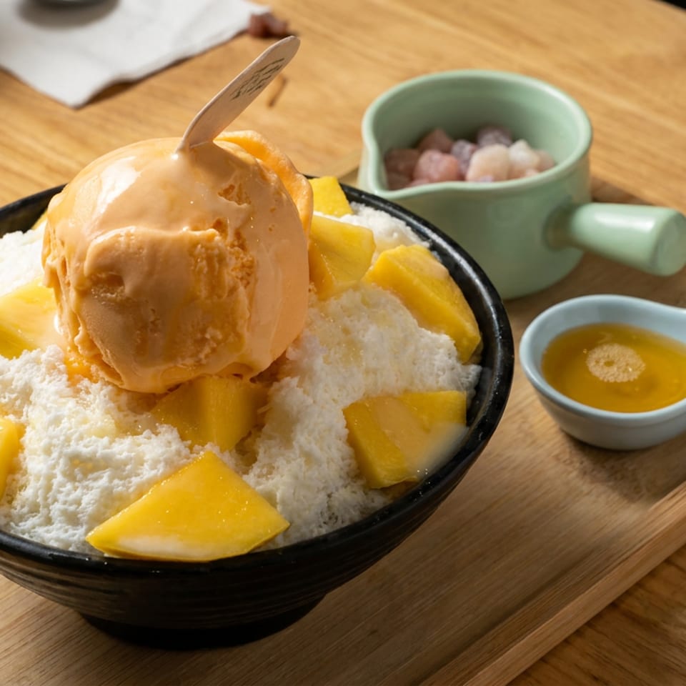 Mango shaved ice topped with a scoop of mango ice cream, surrounded by fresh mango pieces on a wooden serving board.