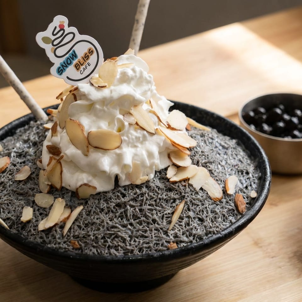 Black sesame shaved ice topped with whipped cream, sliced almonds, and a Snow Balls Cafe sign.