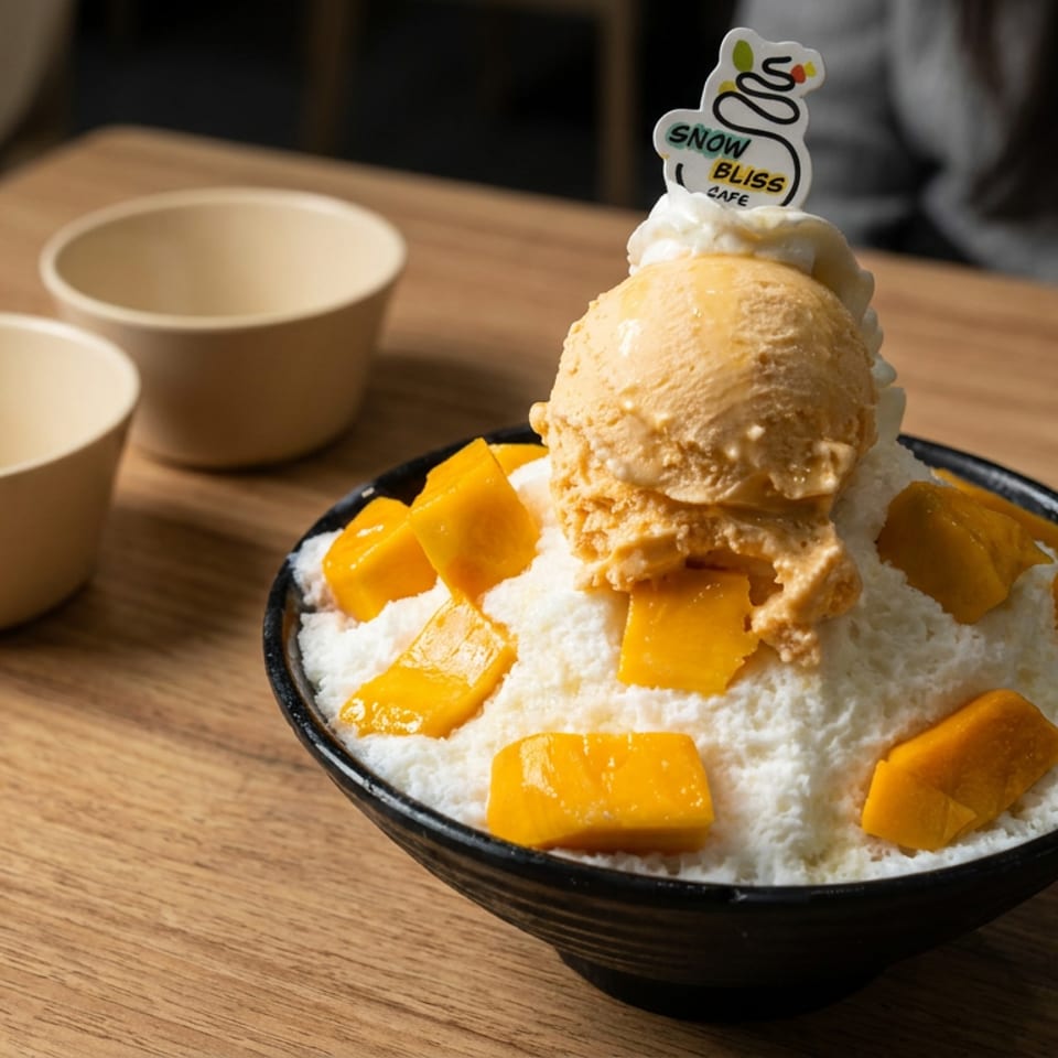 Mango shaved ice topped with vanilla ice cream and whipped cream in a black bowl at Snow Bliss Cafe.
