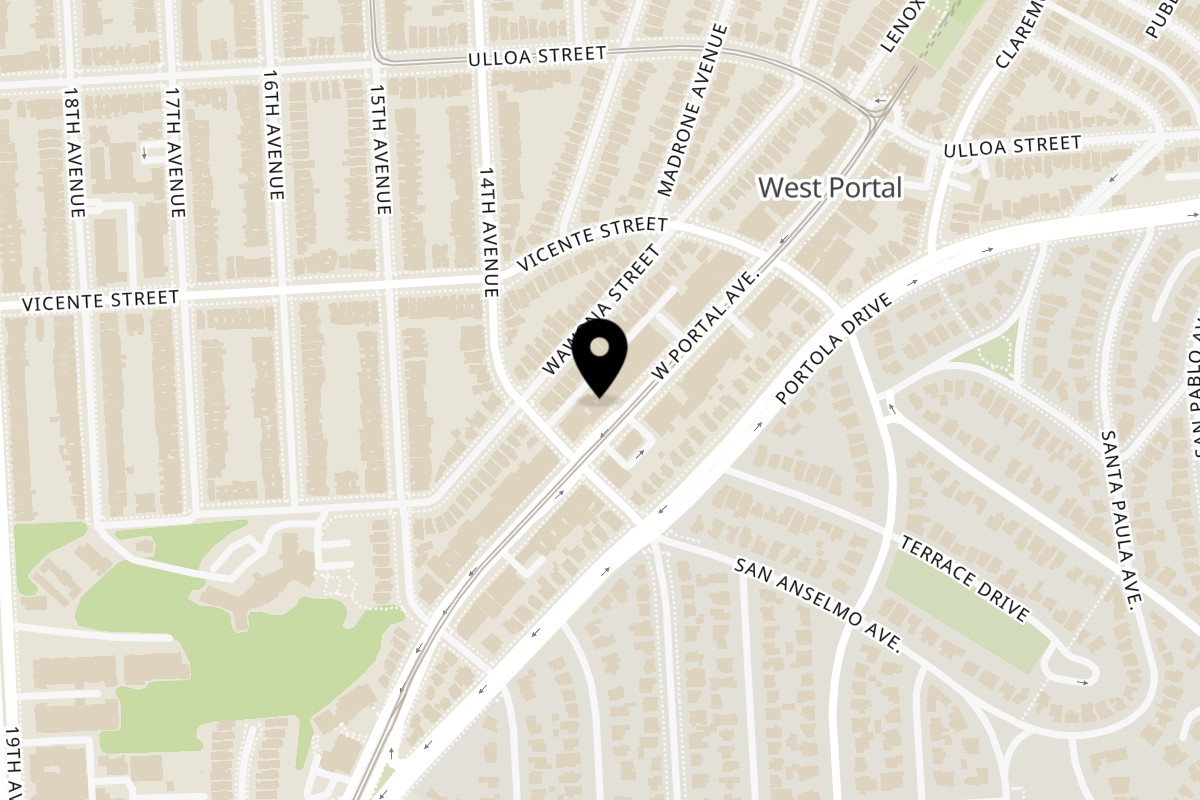 Map showing the location of Snow Bliss Cafe on 250 W Portal Ave in San Francisco